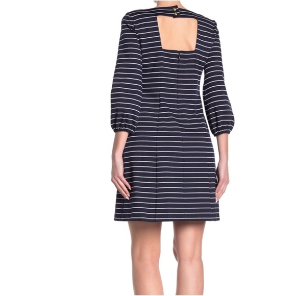 ELIZA J Boatneck Long Sleeve Stripe Cut-Out Back Knit Shift Dress, Navy, Size 6 - Picture 2 of 4